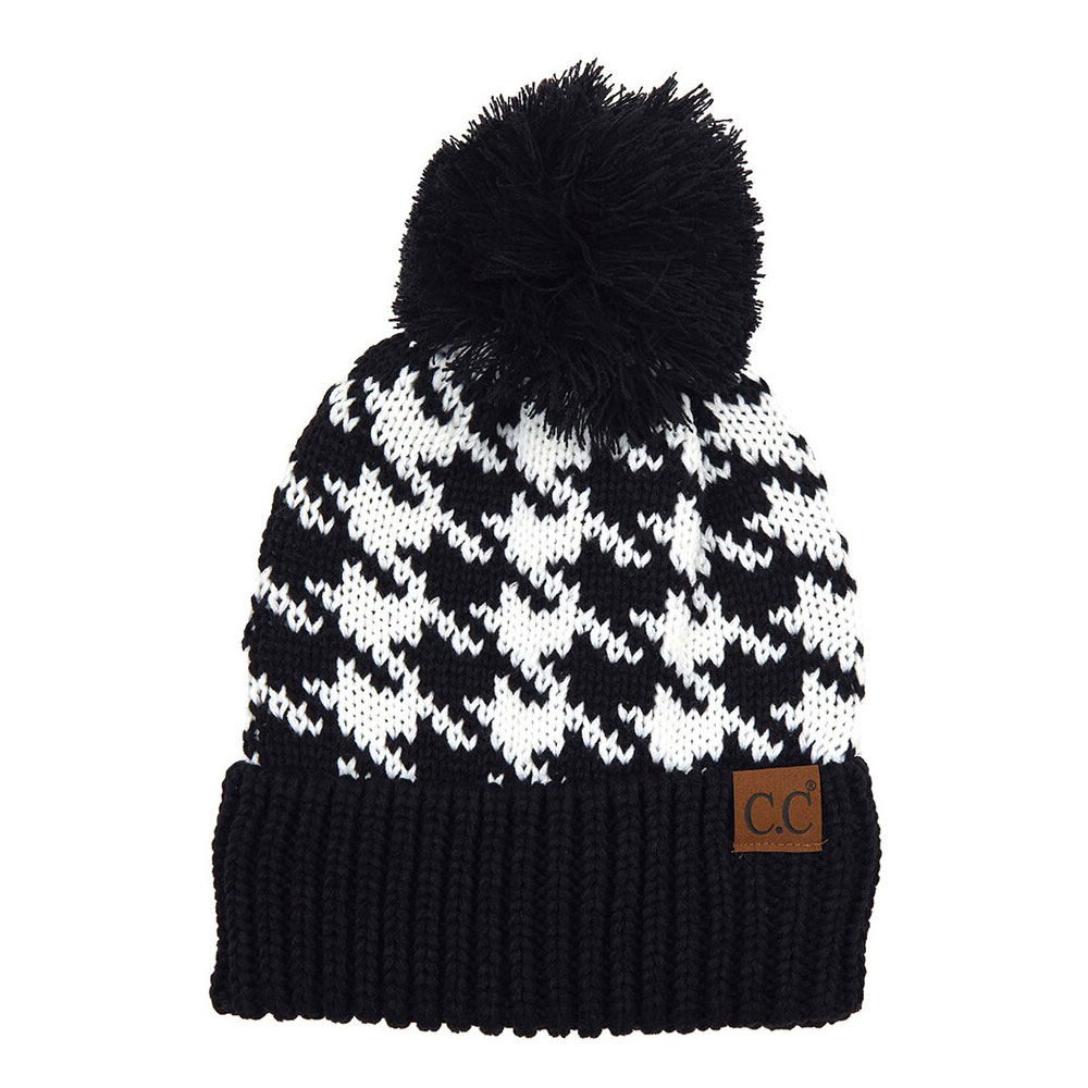 C.C Houndstooth Pattern Hat with Pom