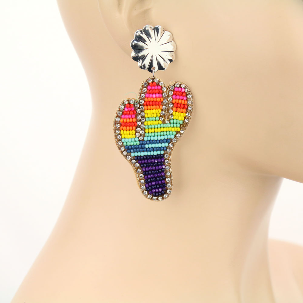 Handmade Serape Cactus Seedbead Stud Earrings - Image 2