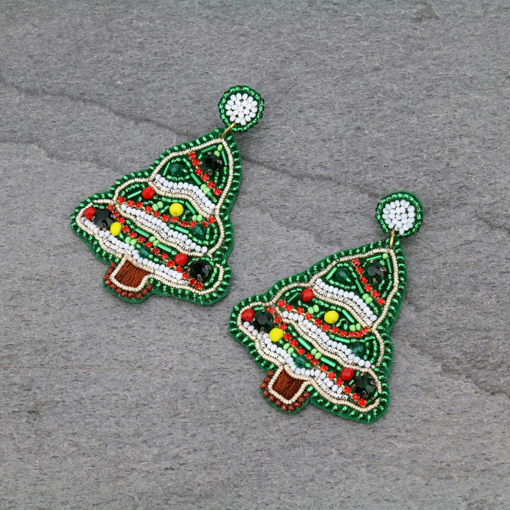 Handmade Christmas Tree Beaded Stud Earrings