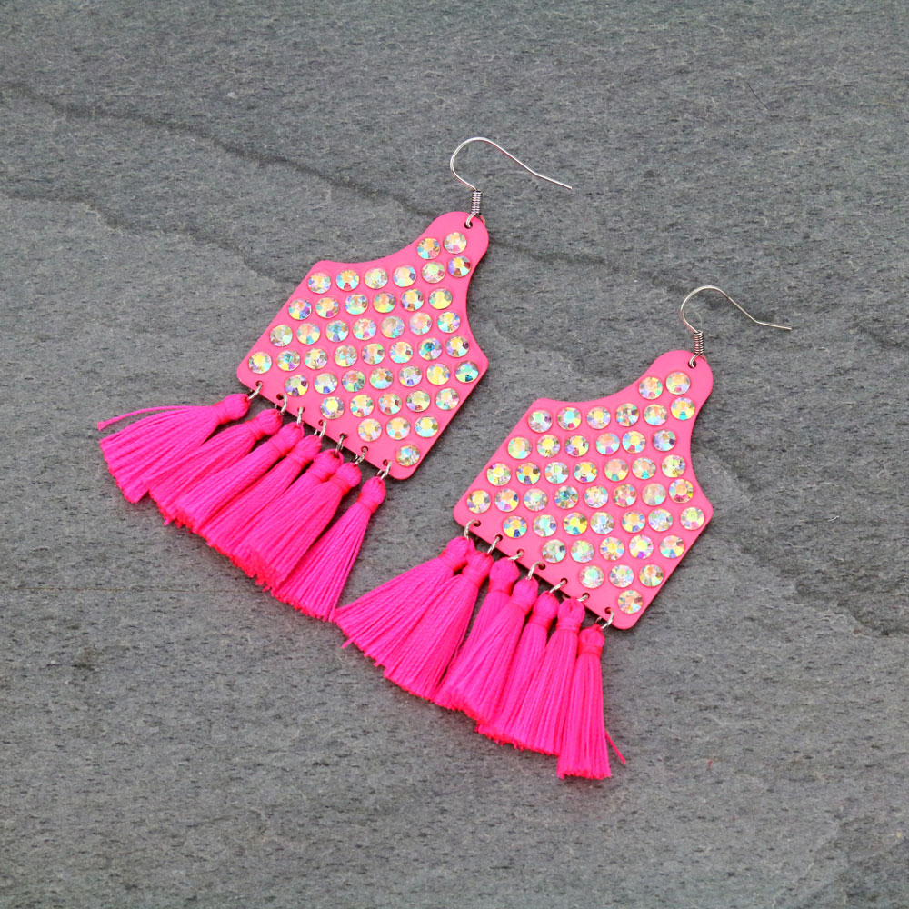 Cattle Tag with Tassel Dangle Earrings