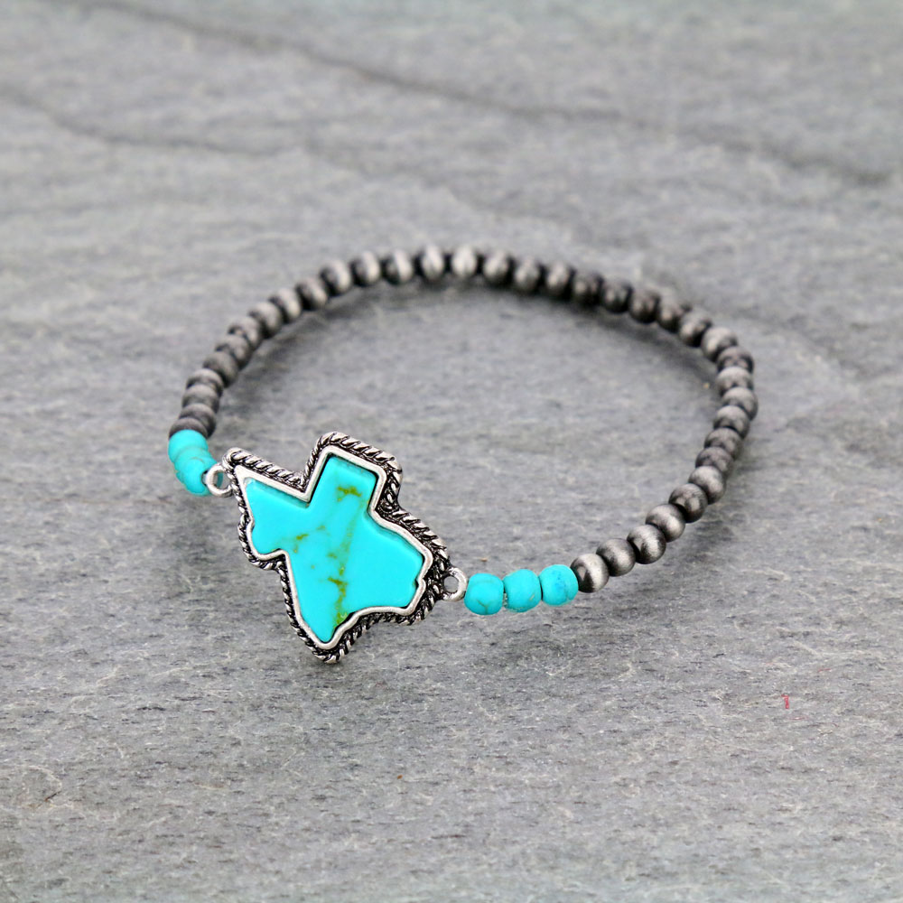 Navajo Style Pearl Bead Texas Map Stretch Bracelet