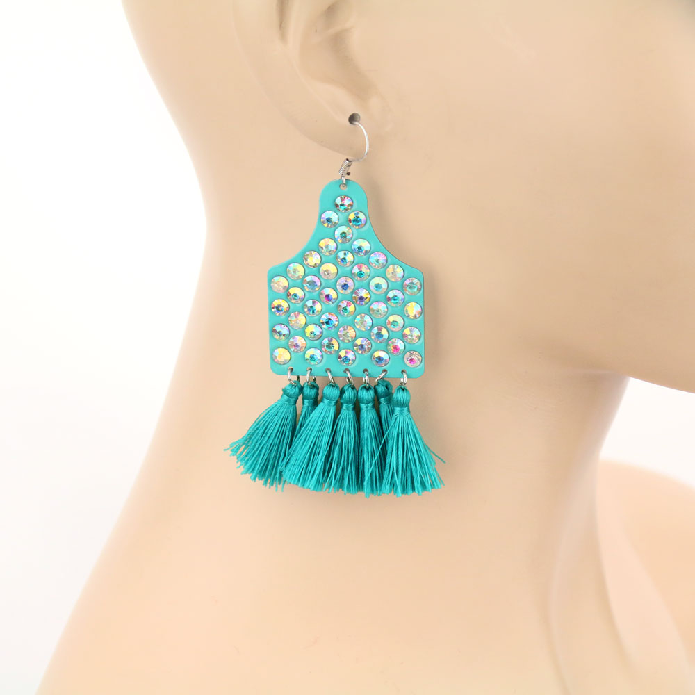 Cattle Tag with Tassel Dangle Earrings - Image 2