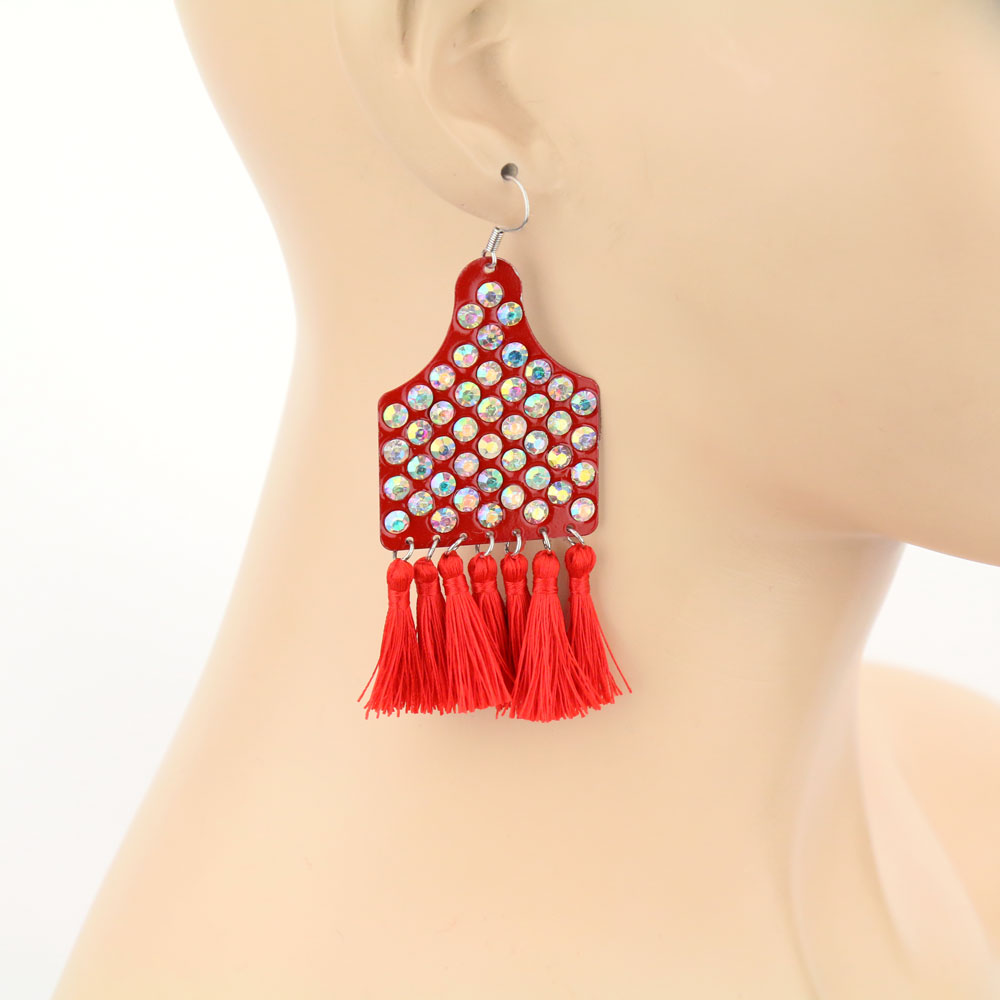 Cattle Tag with Tassel Dangle Earrings - Image 2