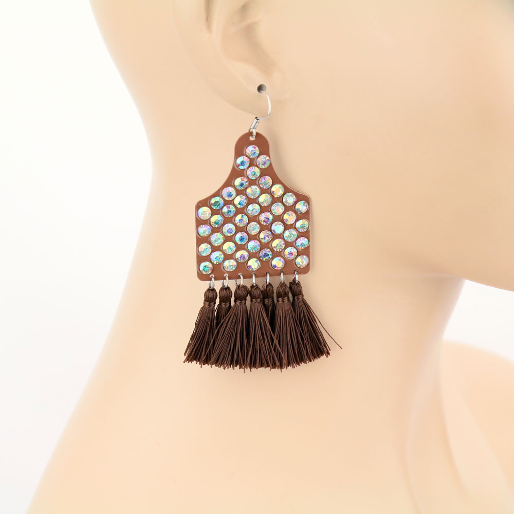Cattle Tag with Tassel Dangle Earrings - Image 2