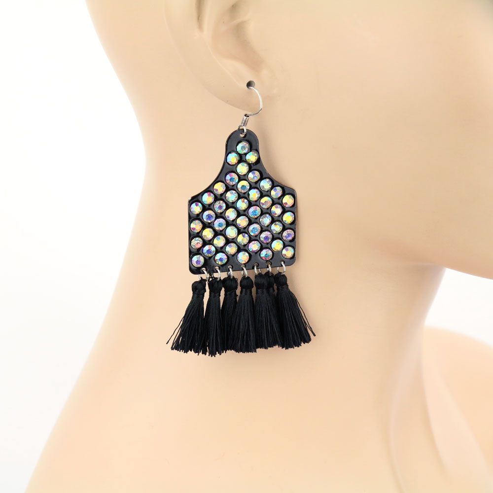 Cattle Tag with Tassel Dangle Earrings - Image 2