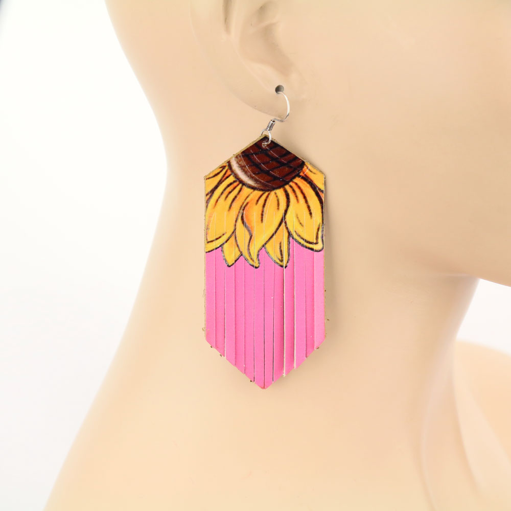 Sunflower Leather Tassel Dangle Earrings - Image 2