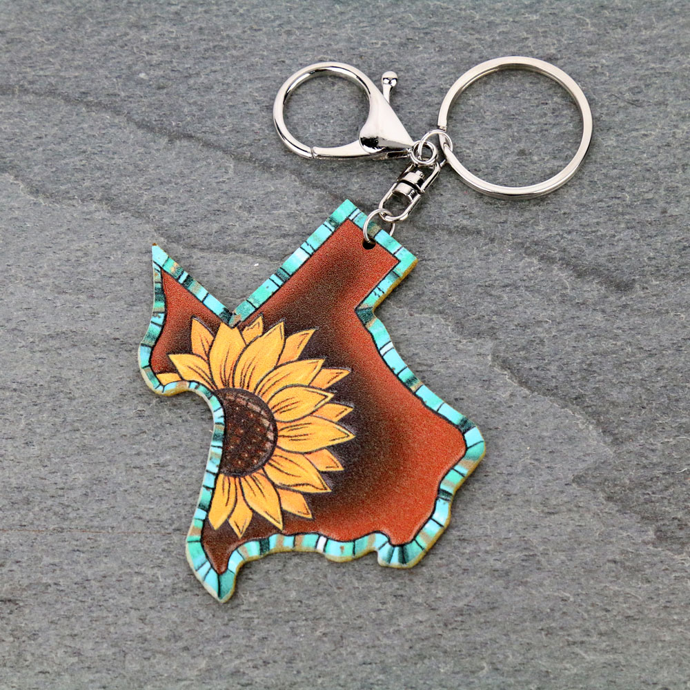Texas Map Sunflower Leather Key Chain