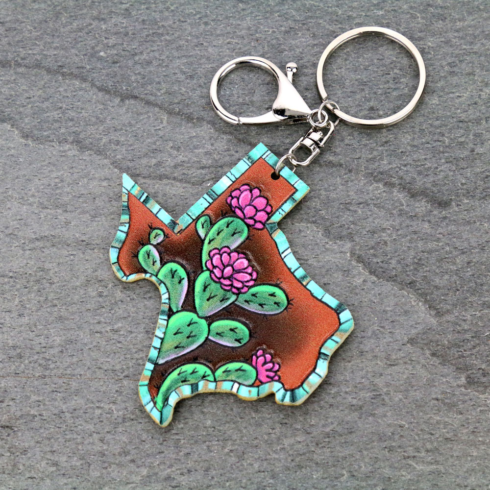 Texas Map Cactus Leather Key Chain