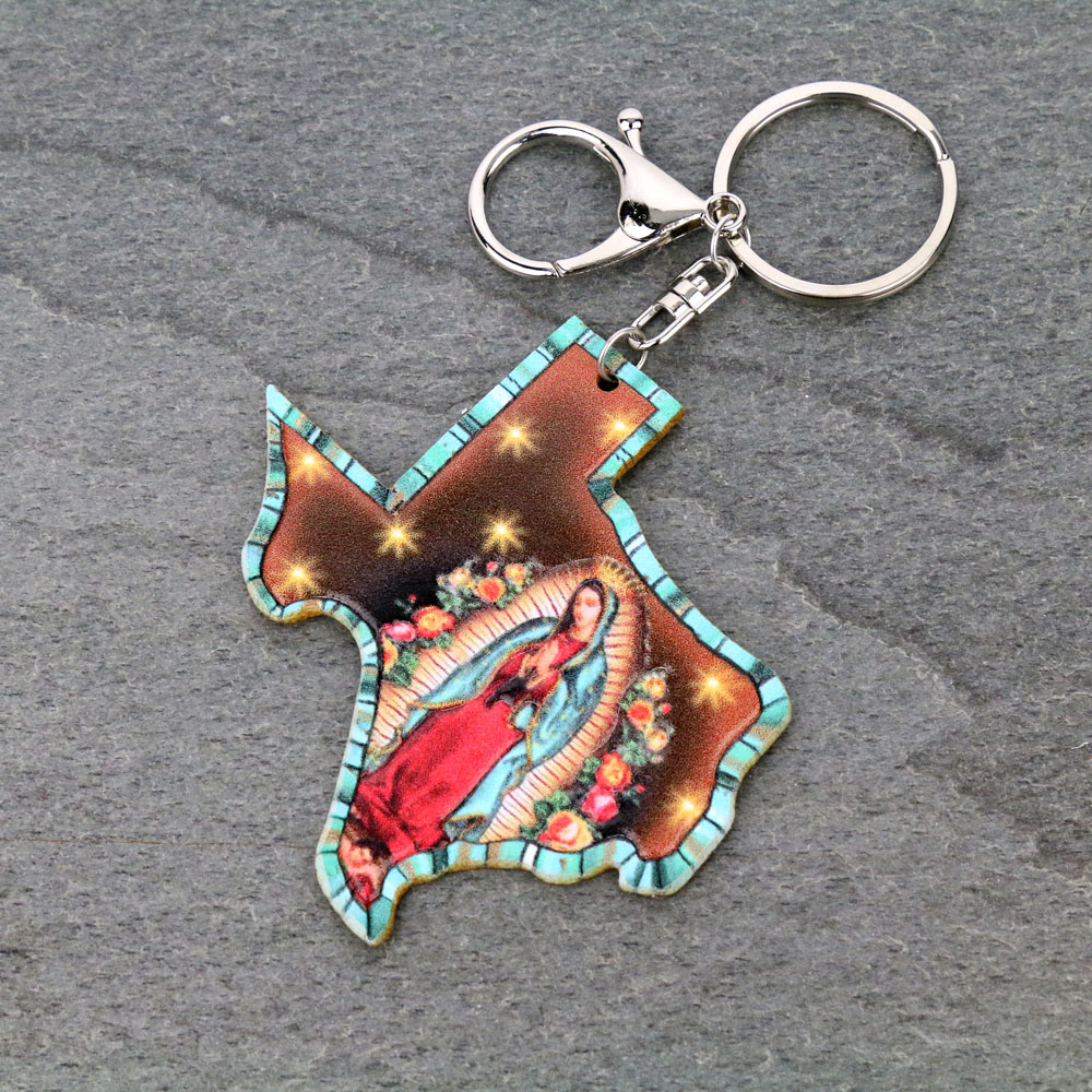 Texas Map Lady of Guadalupe Leather Key Chain