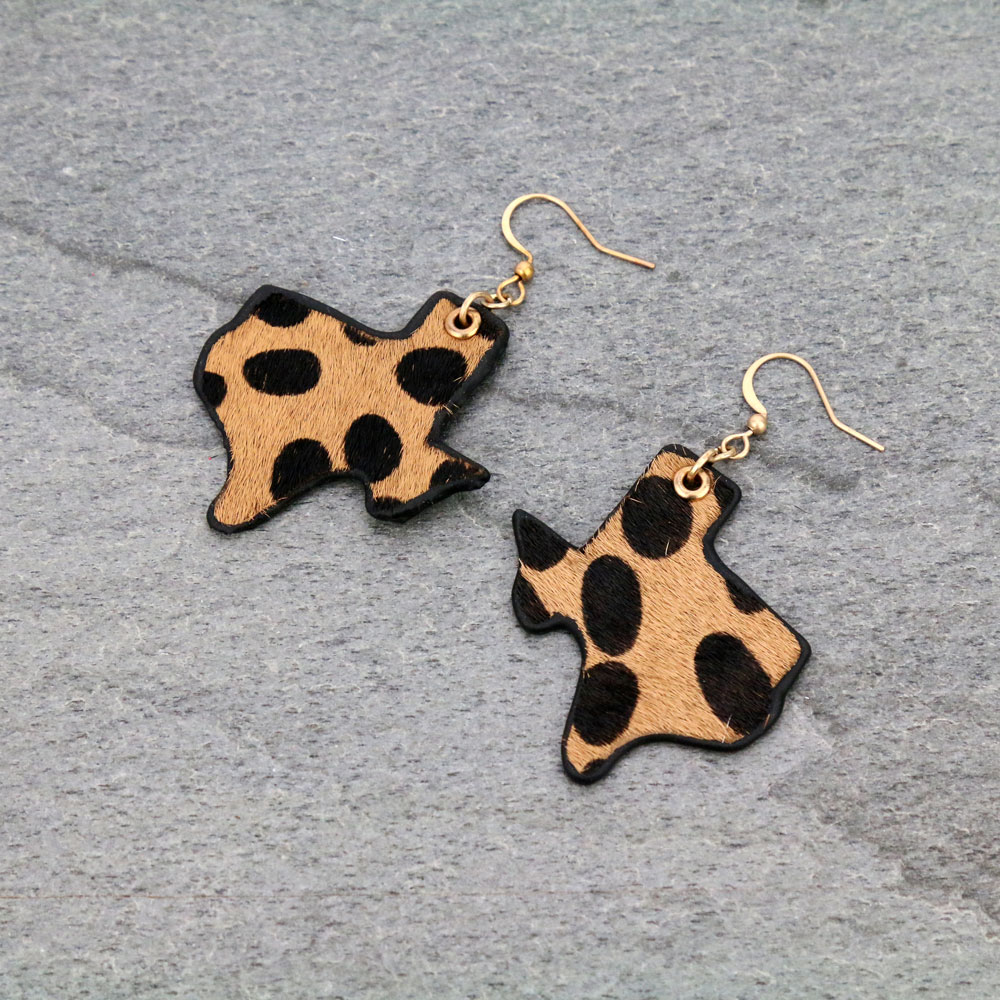 Genuine leather Cow Print Texas Map Dangle Earrings