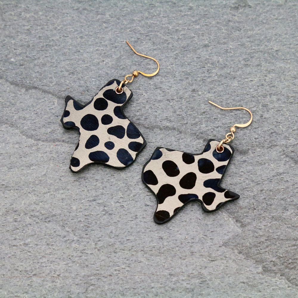 Genuine leather Cow Print Texas Map Dangle Earrings - Image 2