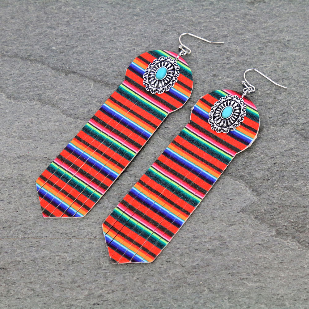 Western Leather Concho Serape Print Dangle Earrings
