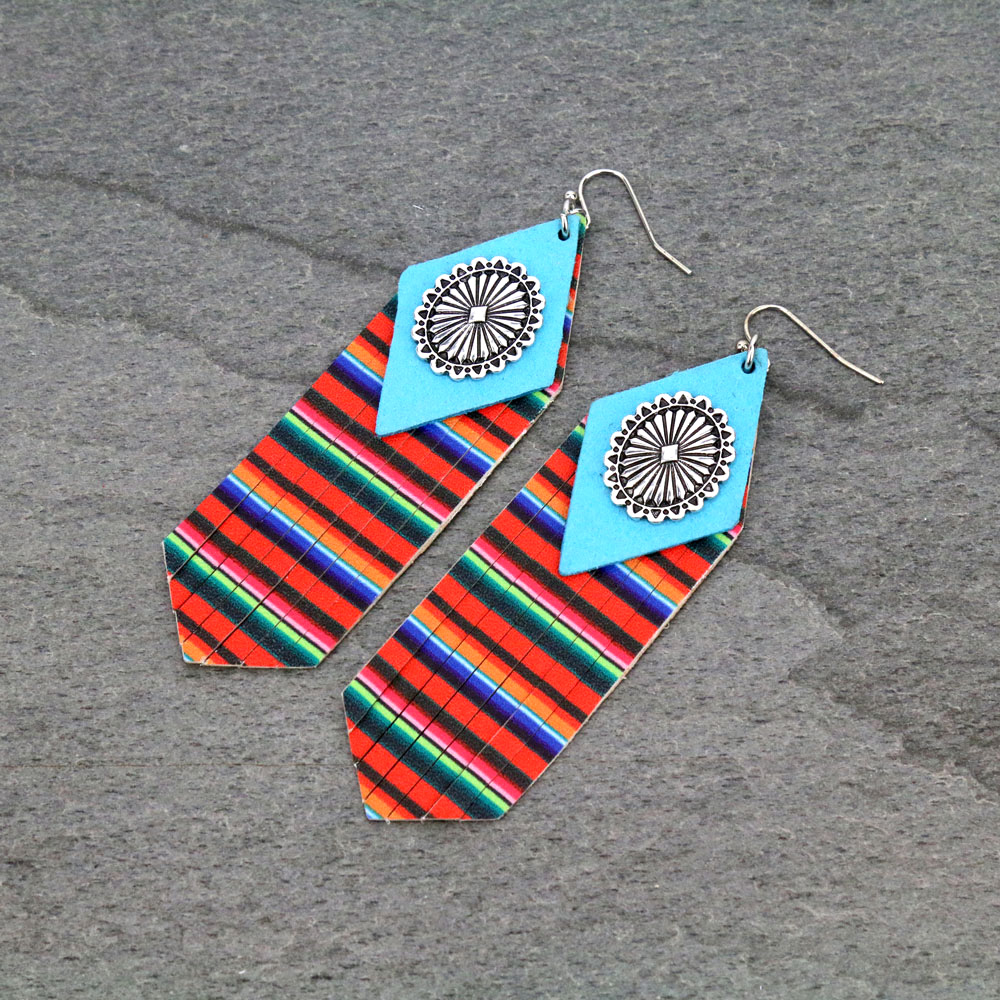 Western Leather Concho Serape Print Dangle Earrings