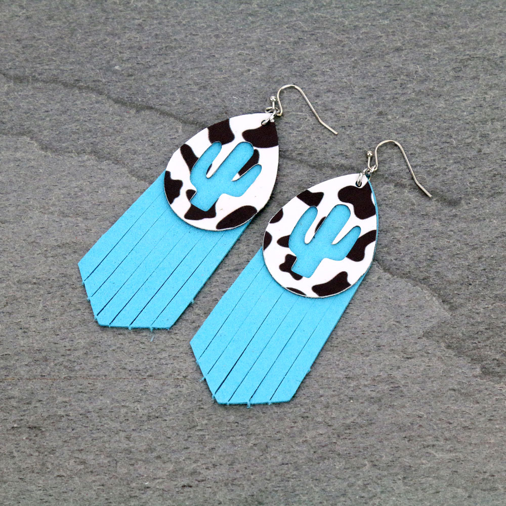 Western Leather Cactus Cutout Cow Print Dangle Earrings