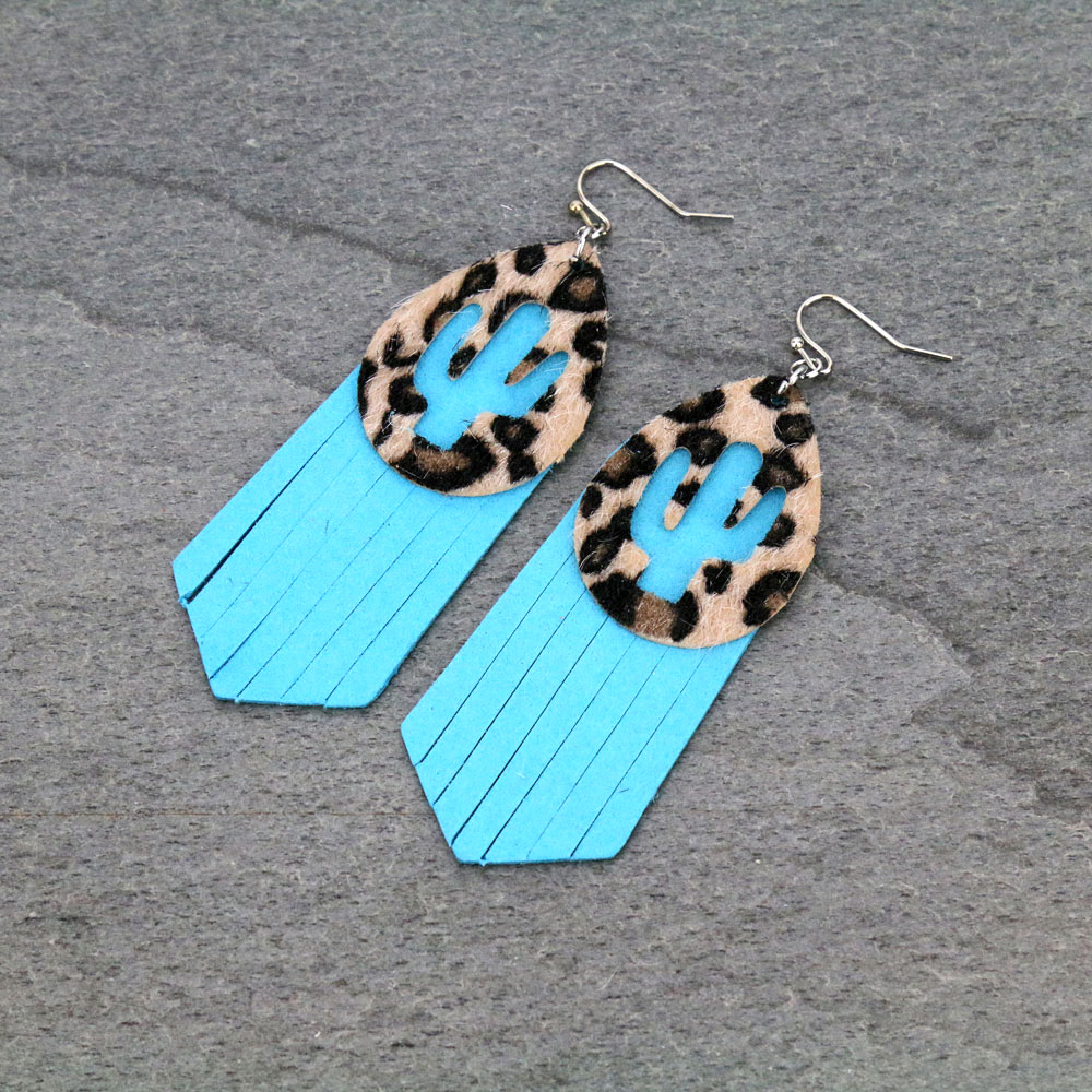 Western Leather Cactus Cutout Leopard Print Dangle Earrings