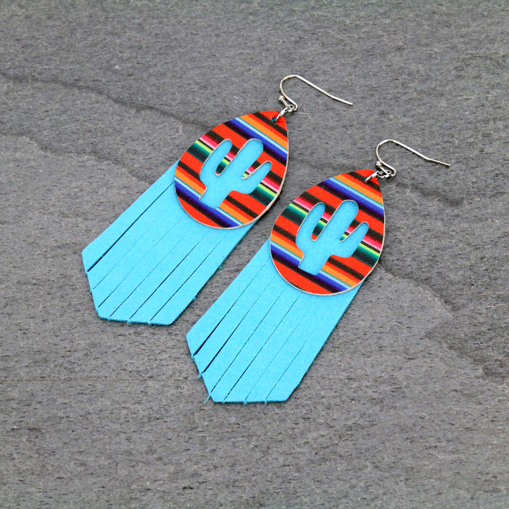 Western Leather Cactus Cutout Serape Print Dangle Earrings