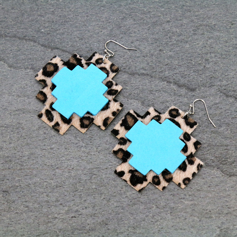 Western Leather Cross Leopard Print Dangle Earrings