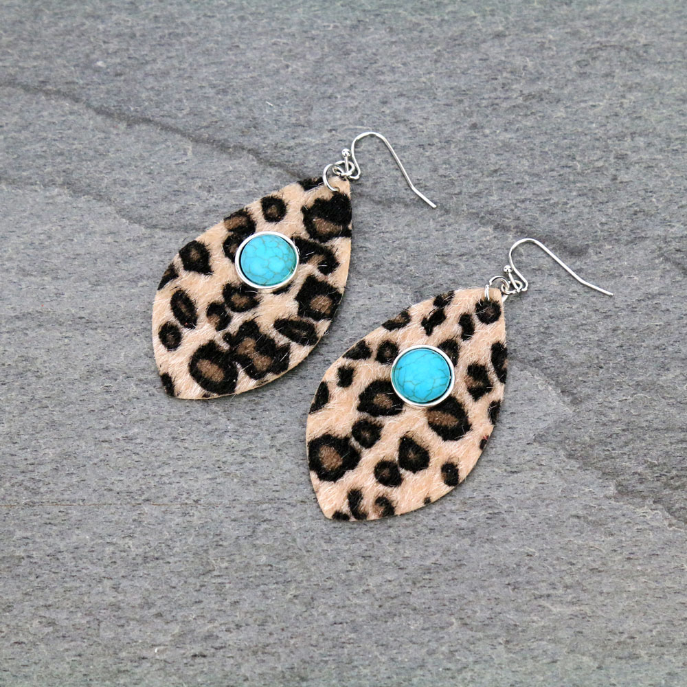 Western Leather Leopard Print Dangle Earrings