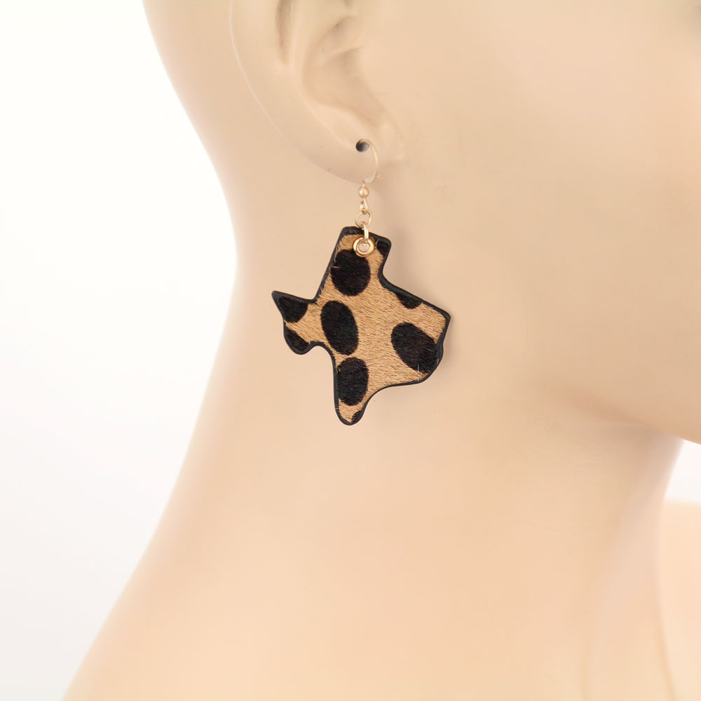 Genuine leather Cow Print Texas Map Dangle Earrings - Image 2