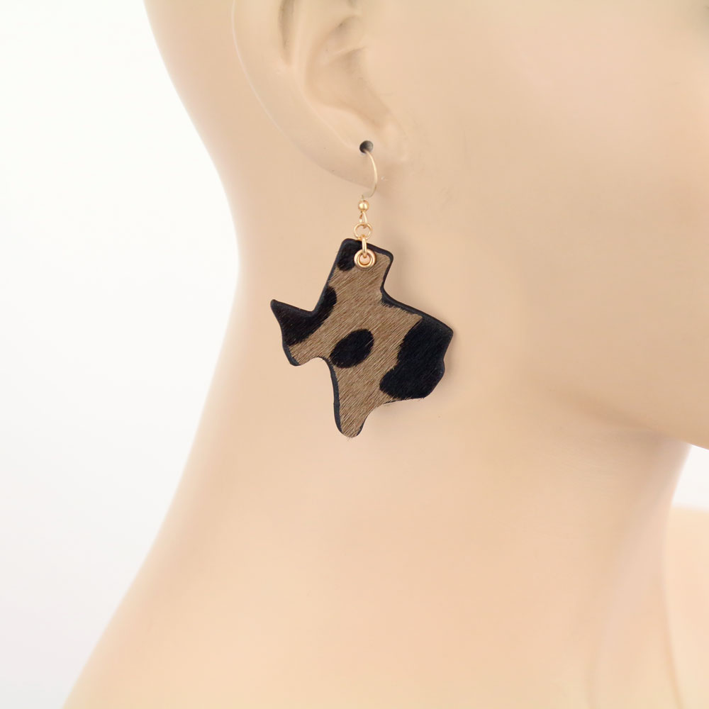 Genuine leather Cow Print Texas Map Dangle Earrings - Image 3