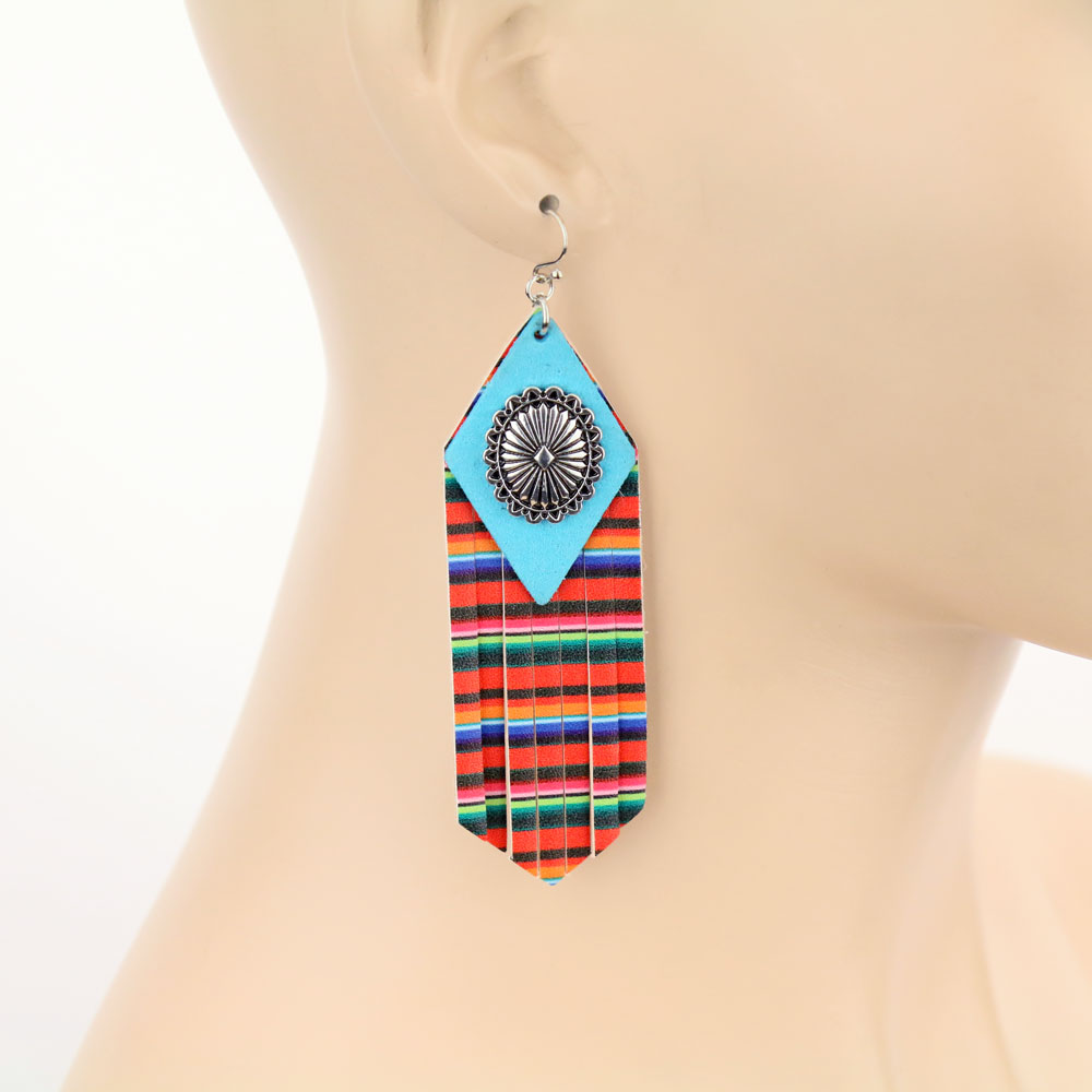 Western Leather Concho Serape Print Dangle Earrings - Image 2