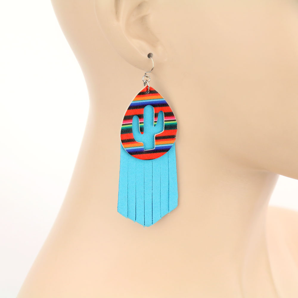 Western Leather Cactus Cutout Serape Print Dangle Earrings - Image 2