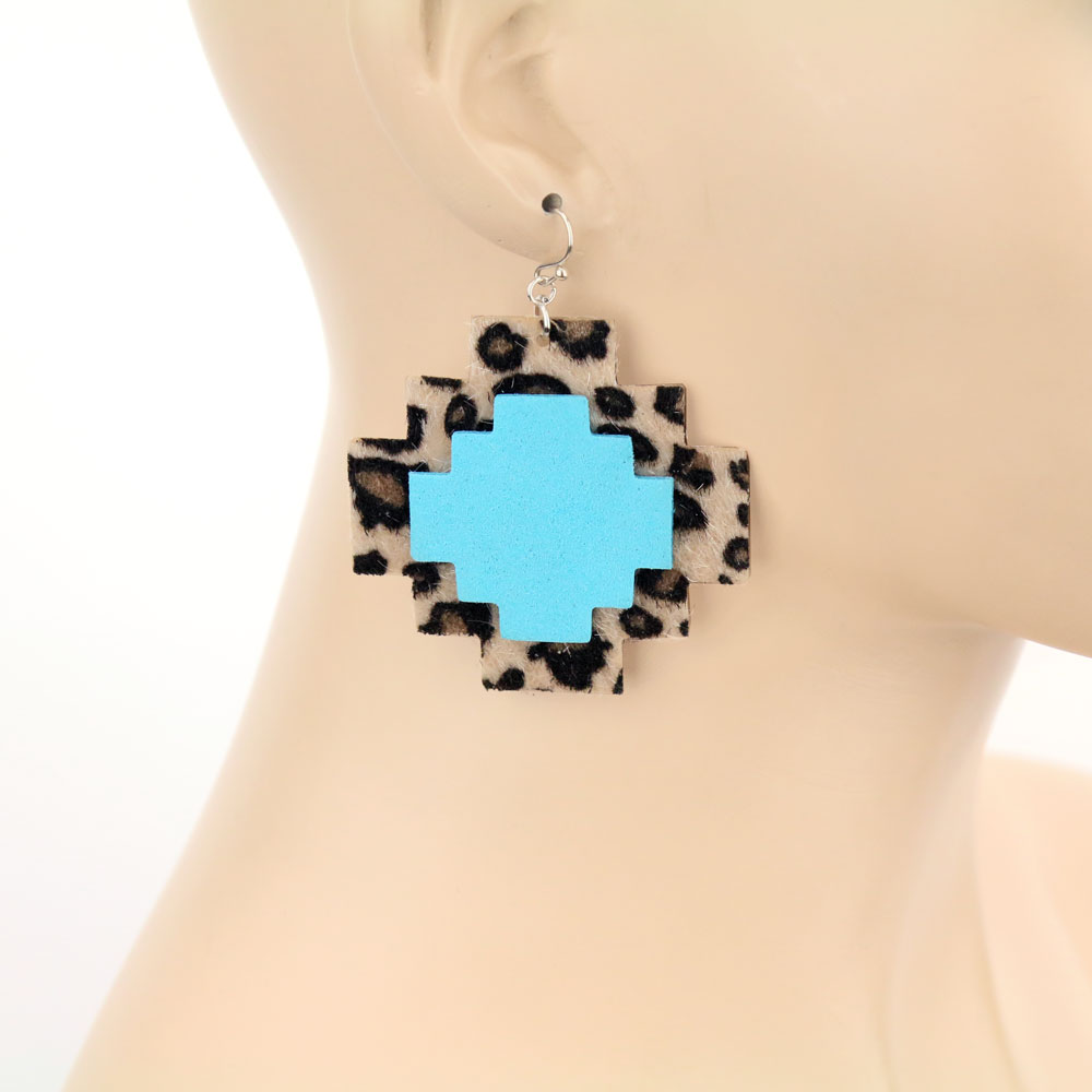 Western Leather Cross Leopard Print Dangle Earrings - Image 2