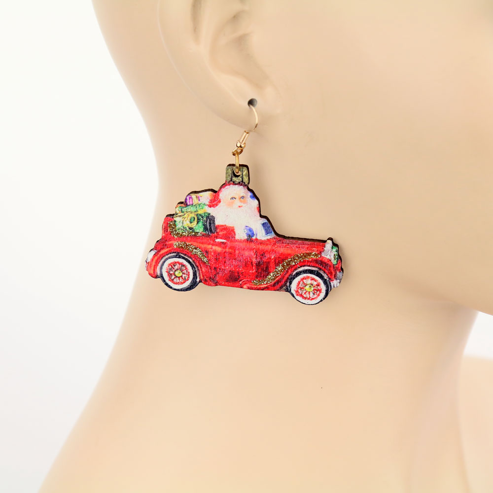 Christmas Santa's Car Wood Dangle Earrings - Image 2