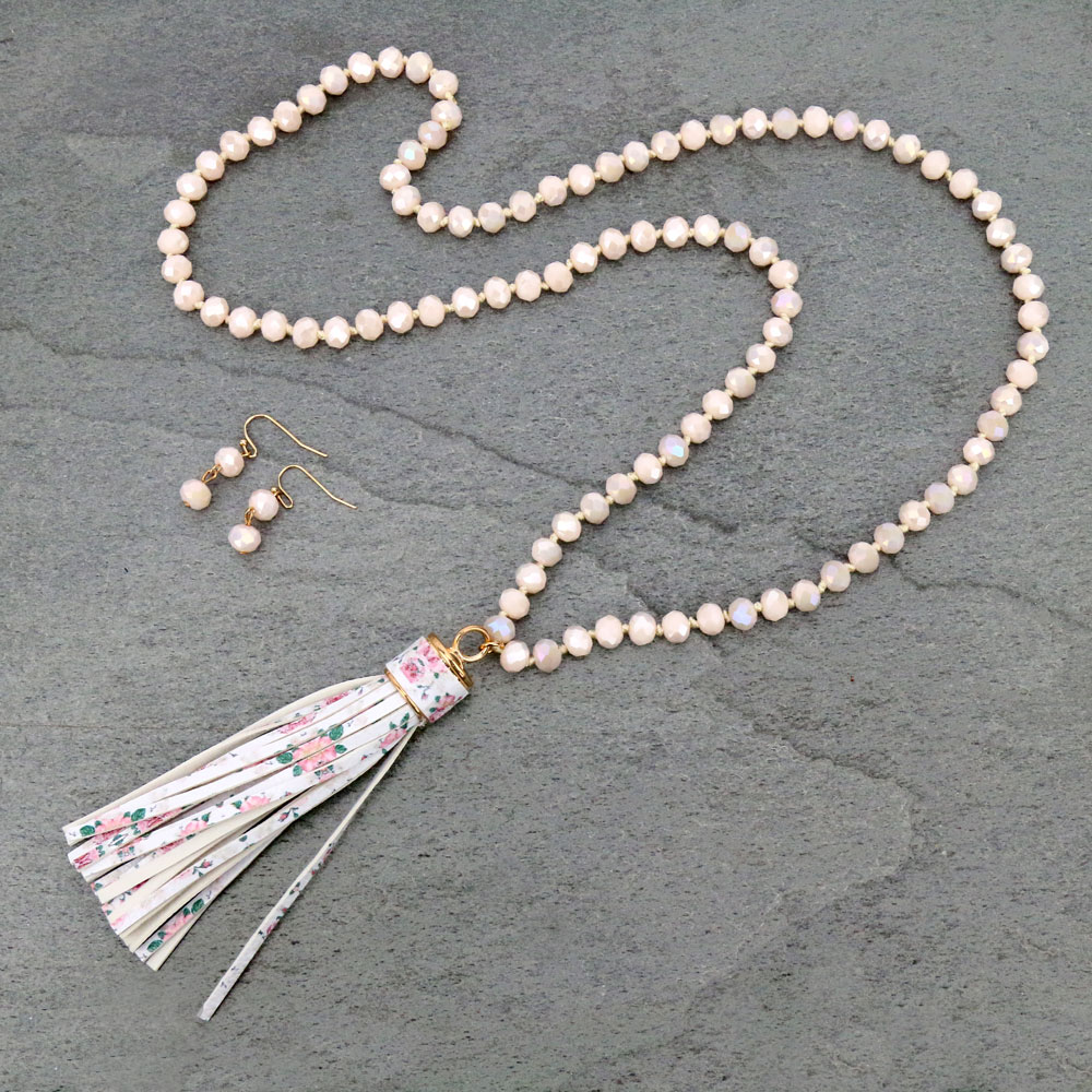 Glass Bead With Floral Tassel Necklace Set