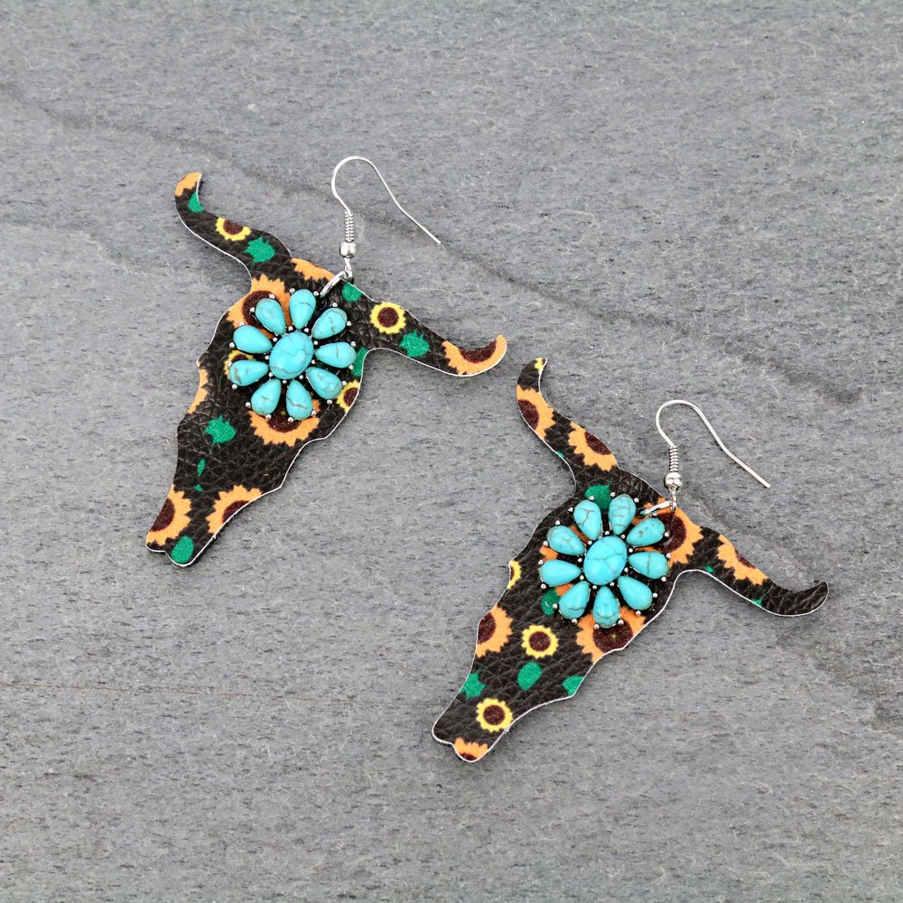 Western Leather Steer Head with Stone Fish Hook Earrings