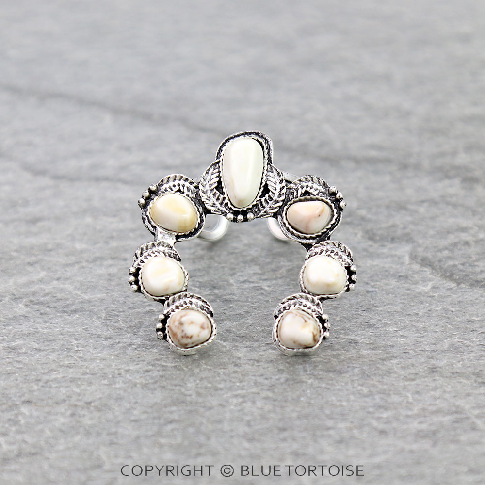 Squash Blossom Natural White Stone Ring with Double Band