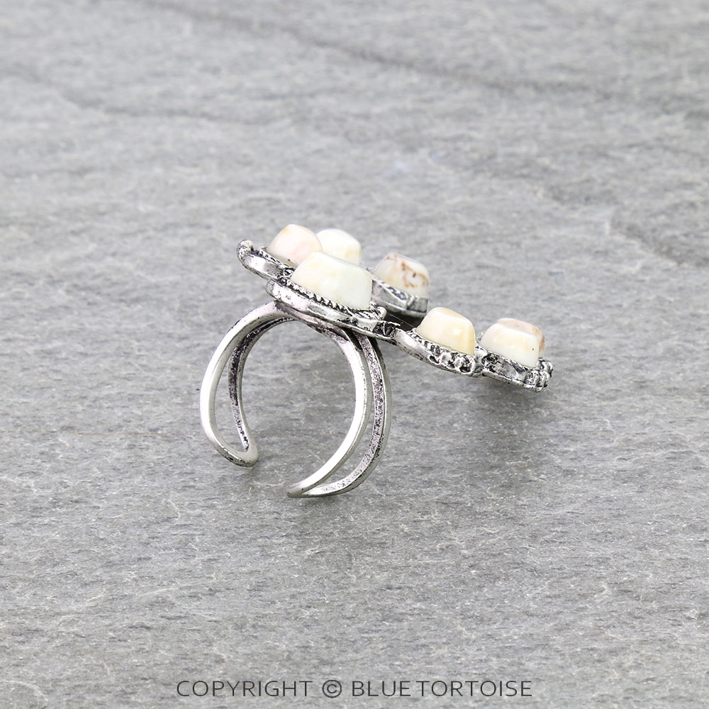 Squash Blossom Natural White Stone Ring with Double Band - Image 3