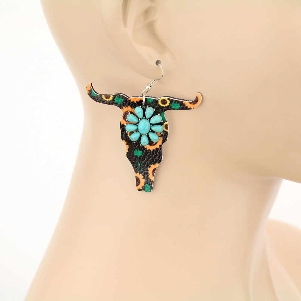 Western Leather Steer Head with Stone Fish Hook Earrings - Image 2