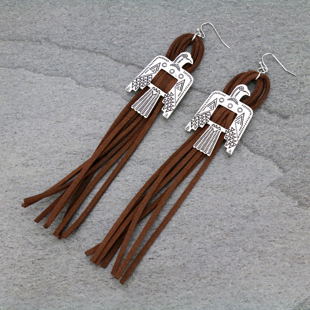 5.5" Long, Boho Thunderbird Suede Earrings