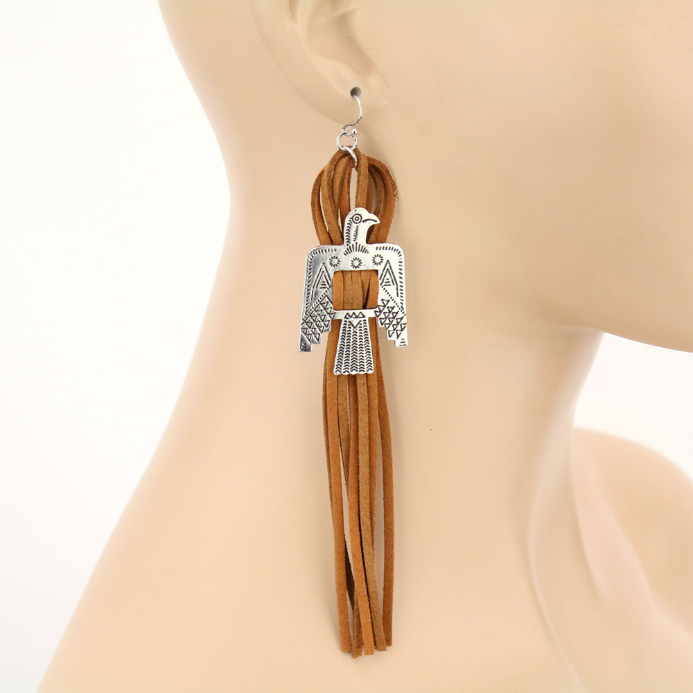 5.5" Long, Boho Thunderbird Suede Earrings - Image 2