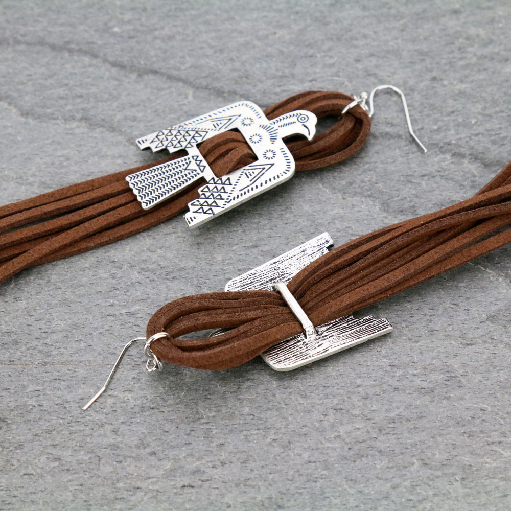 5.5" Long, Boho Thunderbird Suede Earrings - Image 3
