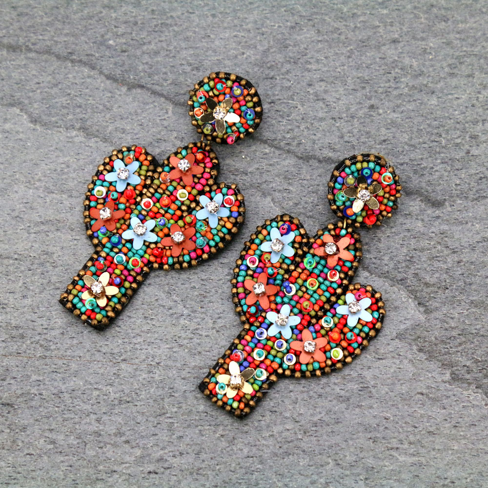 Garden Seed Bead Cactus Stud Earrings