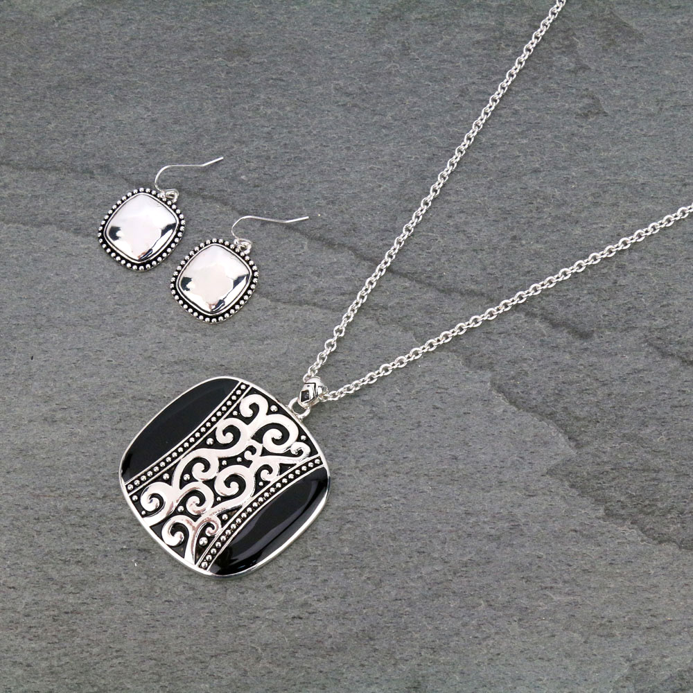 Tailored Square Epoxy with Filigree Necklace Set