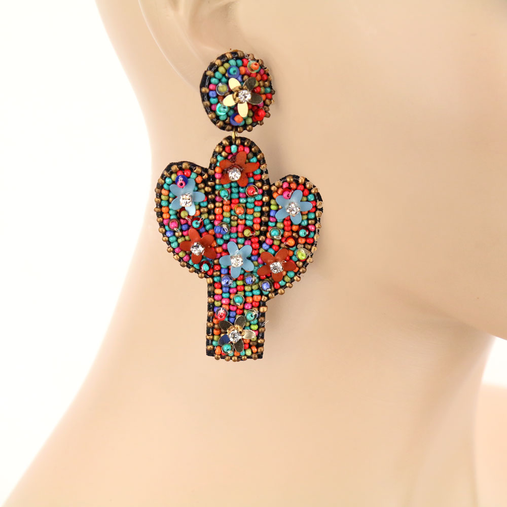 Garden Seed Bead Cactus Stud Earrings - Image 2