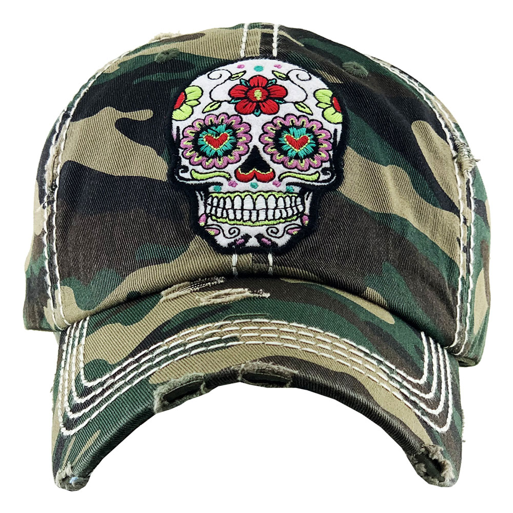 Floral Sugar Skull Washed Vintage Ball Cap