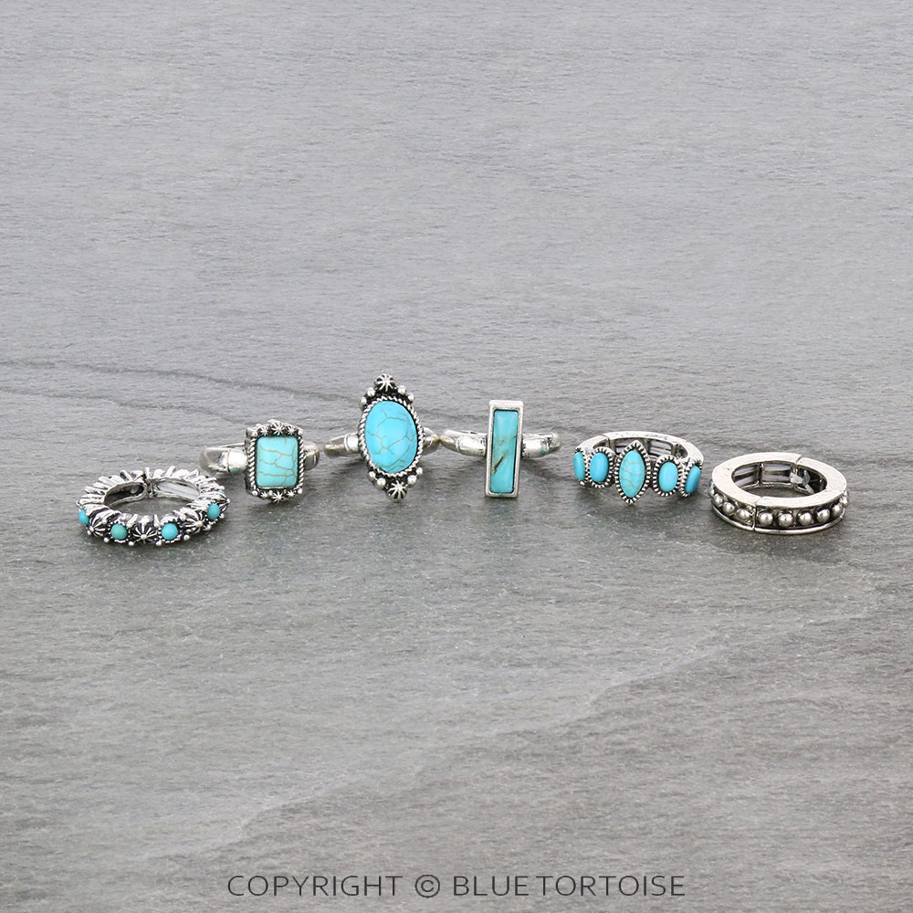 6Pc Western Design Stone Stretch Ring Set
