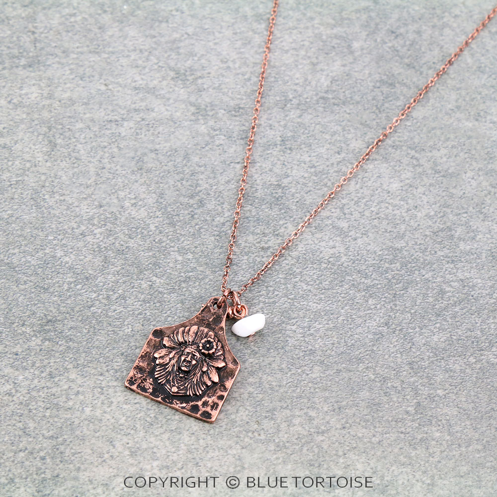 Hammered Texture Indian Head Ear Tag Pendant Necklace