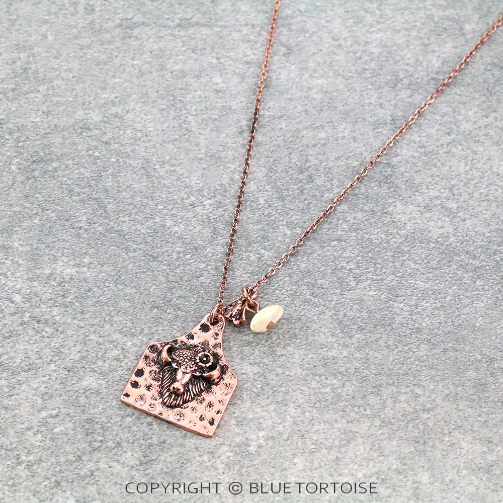 Hammered Texture Buffalo Ear Tag Pendant Necklace