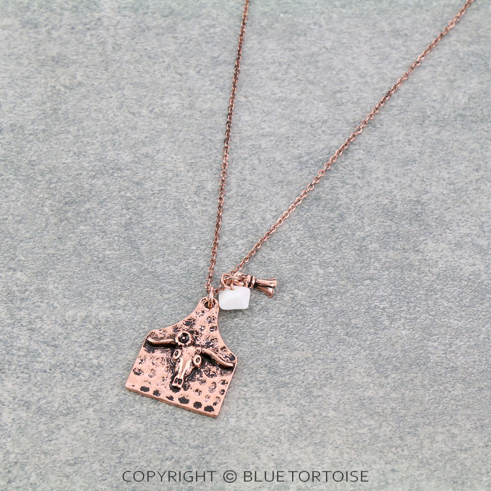 Hammered Texture Steer Skull Ear Tag Pendant Necklace
