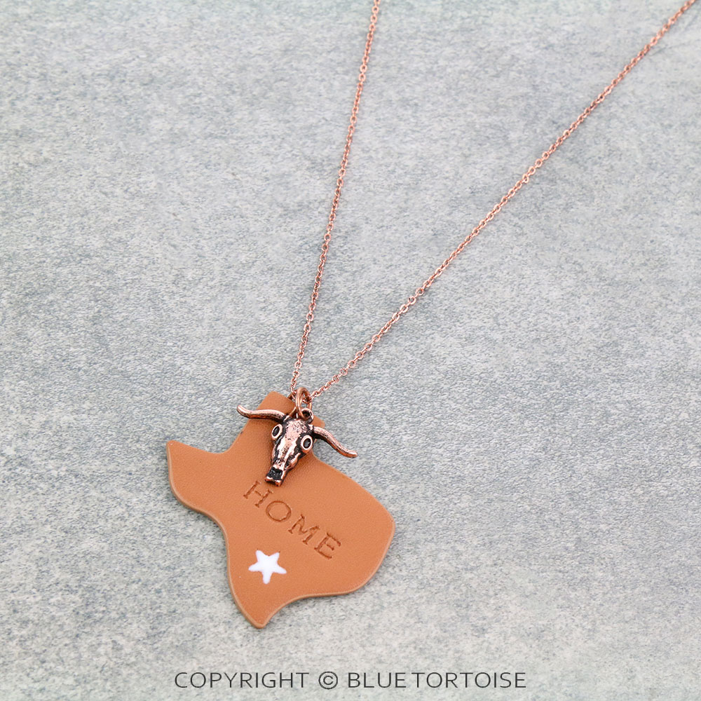 Leather Texas Map with Steer Skull Charm Necklace