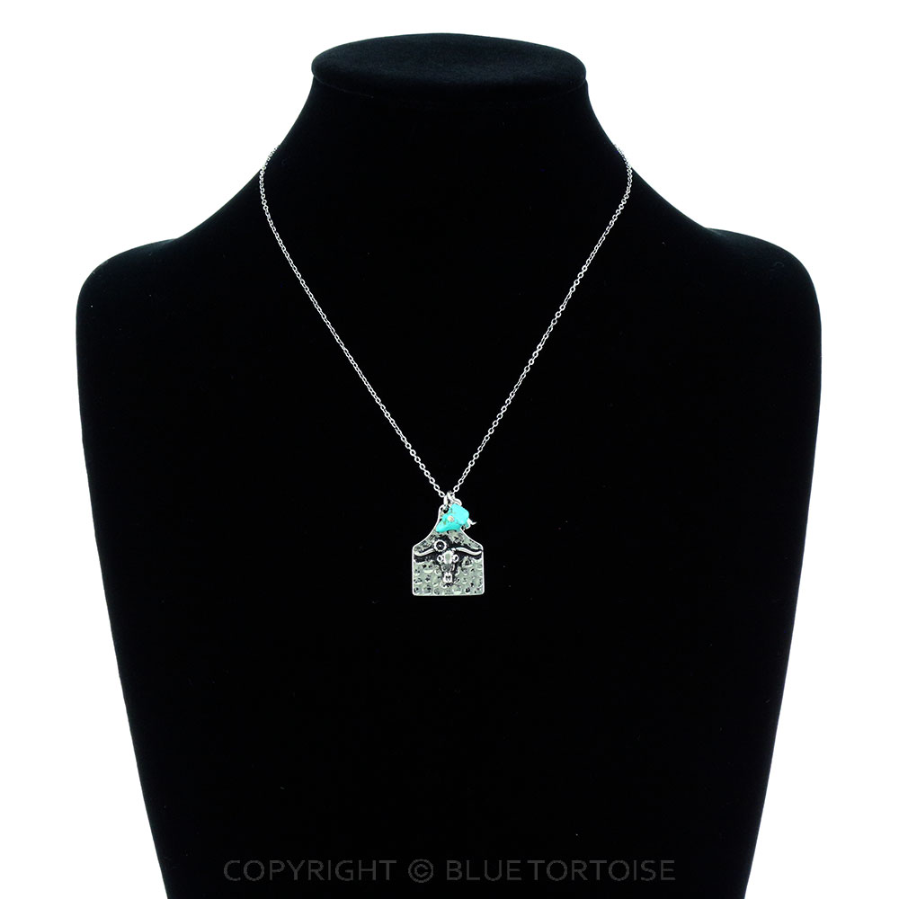 Hammered Texture Steer Skull Ear Tag Pendant Necklace - Image 2