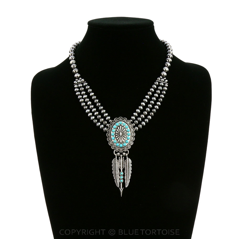 Navajo Style Pearl with Concho & Feather Necklace - Image 2