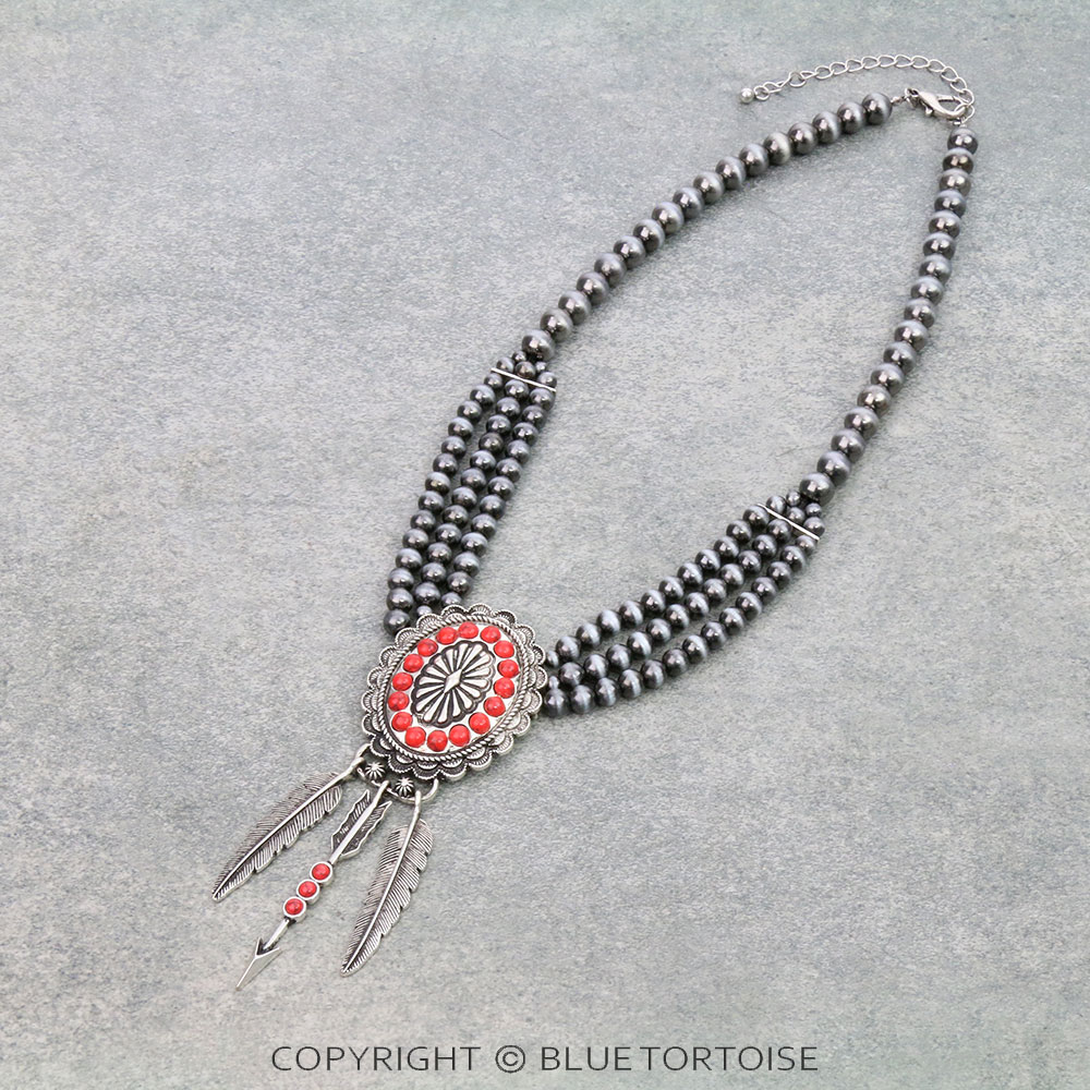Navajo Style Pearl with Concho & Feather Necklace