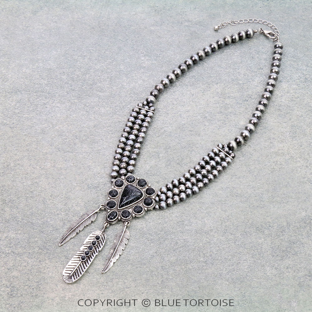 Navajo Style Pearl with Stone & Feather Necklace