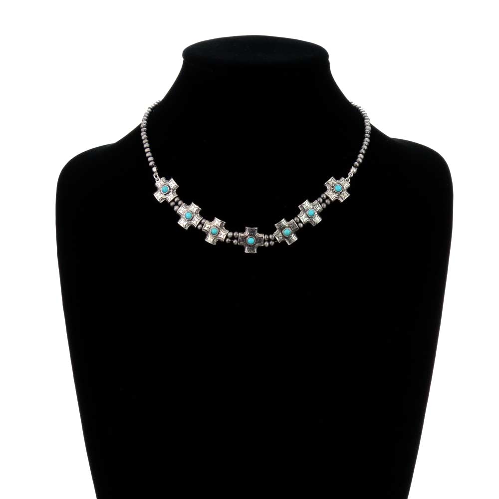 Western Navajo Style Pearl with Cross Stone Necklace - Image 2